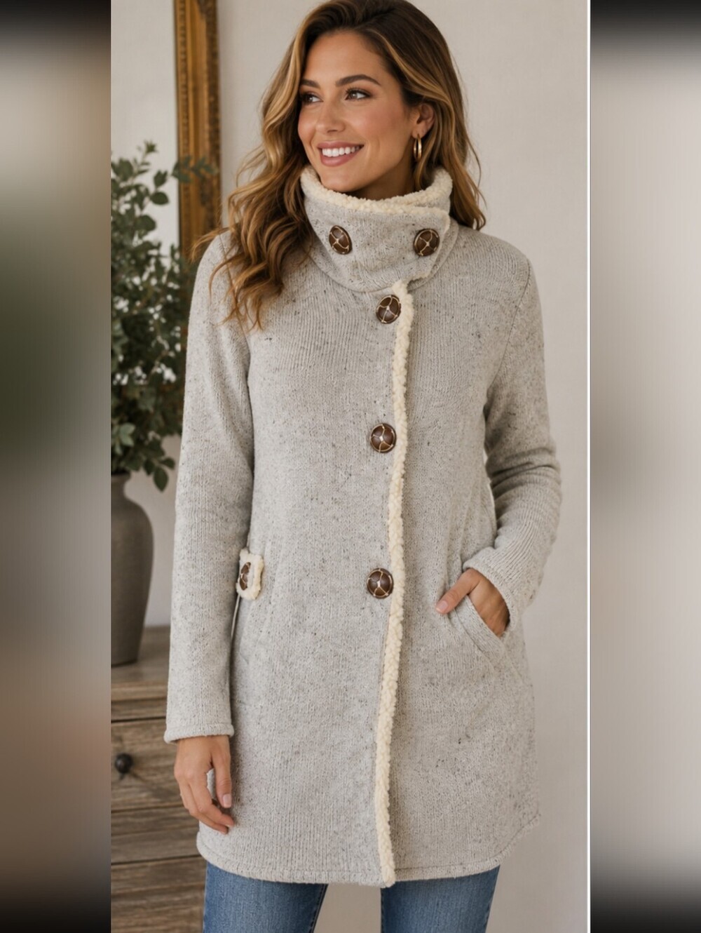 Martinez Marled Knit Sweater Coat Jacket Sherpa Trim Button Front. Size S/M